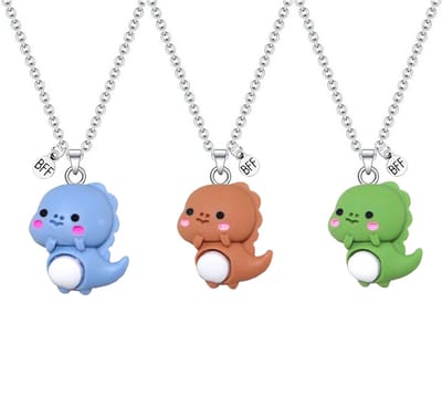 Bixorp Friends BFF Ketting voor 3 met Schattige Dino - Bruin, Groen & Blauw - Dinosaurus met ei - 45cm + 5cm verstelbaar