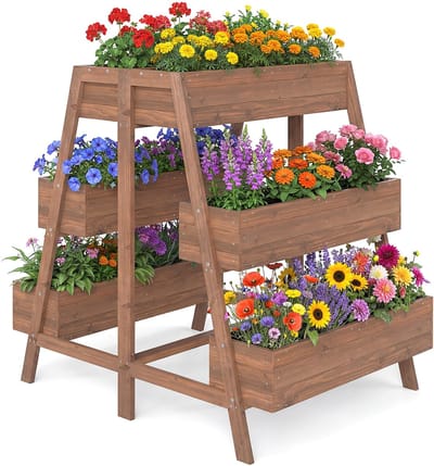 COSTWAY Verhoogd tuinbed met 3 niveaus, bloembed met 6 plantenbakken, lattenbodem en inzetstuk, houten bloemtrap, bloembak voor terras, balkon, tuin, bruin, 126 x 90 x 115 cm
