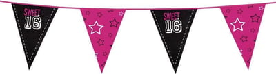 Vlaggenlijn 'Sweet 16' - Slingers verjaardag 16-jarige - zwart-roze.