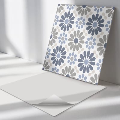 Wallfluent Vinyl Tegels - Bloemenpatroon in Symmetrie Zelfklevende Vinyl Tegels - 30 cm x 30 cm - Blauw Vinyl Tegels - 9 stuks - Vierkant PVC Tegels - Patroon Plaktegels - Vinyl Wandtegels - Plaktegels Keuken en Badkamer