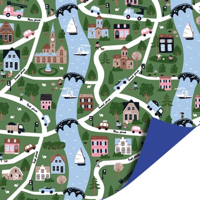 Het Inpakhuis - Cadeaupapier - Inpakpapier - Kadopapier - Kinderverjaardag - Partijtje - My Little Village - Auto - Dorp - Huisjes - Blauw - 50cm x 3mtr