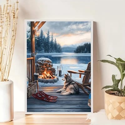 Diamond painting set Husky op veranda bij meer 30x40cm
