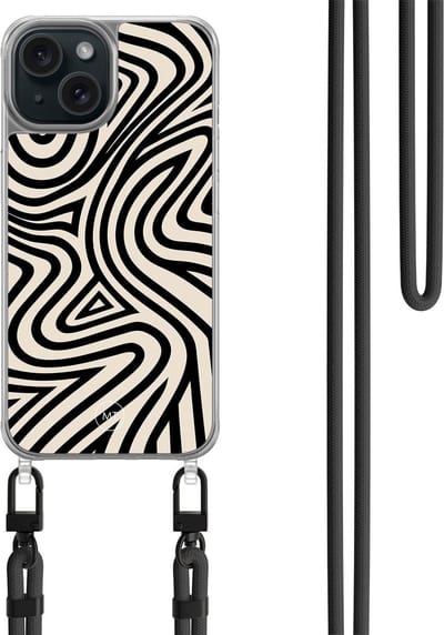 Hoesje met koord geschikt voor iPhone 13 - Groovy lines - Inclusief zwart koord - Crossbody beschermhoes - Transparant, Zwart - Mooie Telefoonhoesjes