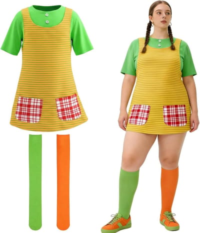Kleurrijk dames carnavalskostuum met jurk en kousen, ideale verkleedset voor feestelijke gelegenheden