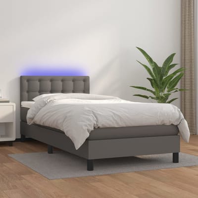 vidaXL - Boxspring - met - matras - en - LED - kunstleer - grijs - 90x190 - cm