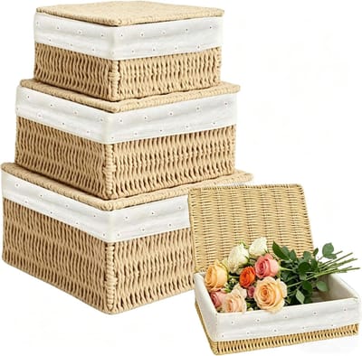 Set van 3 opbergmanden met deksel, gevlochten mand van papiertouw met metalen frame en voering, 3 maten mandjes, boho-opslag voor badkamer, wikkelcommode, organizer en decoratie