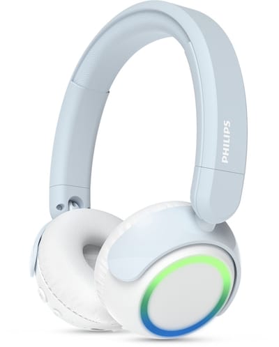 PHILIPS TAK4200BL On Ear draadloze opvouwbare hoofdtelefoon voor kinderen - 45 uur afspeeltijd, beperkt volume, Audio delen, laadkabel meegeleverd - Ambiant verlichting - Licht Blauw / Wit