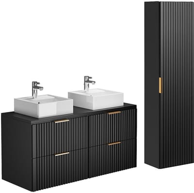 Vente-unique Geribbeld hangmeubel voor badkamer met opbouwwastafel - Zwart - 120 cm - ZEVARA