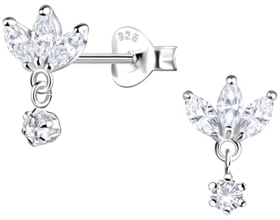 Joy|S - Zilveren bloem oorbellen - waterlelie bestaande uit 3 marquise zirkonia's - rond bedeltje - 7 x 11.5 mm - oorknopjes - sterling zilver 925