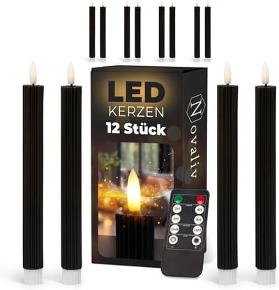 LED-kaarsen met timer ZWART 12 stuks binnen 6 uur ECHTE WAS geribbeld 23 cm hoogte voor kaarsen 2,2 cm diameter 2 AAA-batterijen vereist LED-kaarsen set van 2 (drie keer) bewegende vlam