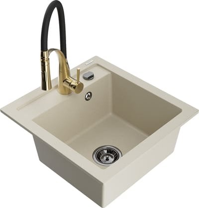 Mexen Vito granieten gootsteen met 1 bak en keukenmengkraan Aster, beige - 6503-69-73450-57-B