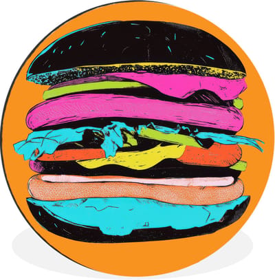 WallCircle - Wandcirkel - Muurcirkel - Hamburger - Kleurrijk - Speels - Aluminium - Dibond - 30x30 cm - Binnen en Buiten
