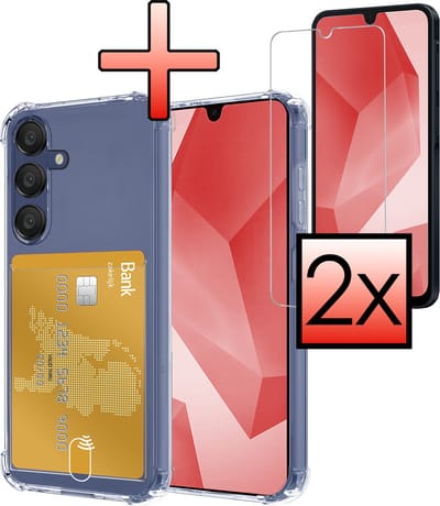 Hoesje - Geschikt voor Samsung Galaxy A16 - Met 2x Screenprotector - Pashouder - Kaarthouder - Telefoon Hoes Shockproof - Siliconen Case - Back Cover - Shock Proof - Pasjes Houder - Transparant