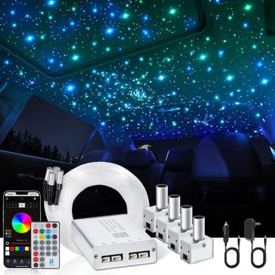 VGETTING Split 4 Kleuren 12W Auto Starlight Plafondverlichting Kit 1000st*0.02in*9.8ft met APP & RF Afstandsbediening, RGBW Glasvezel Lichtvezels