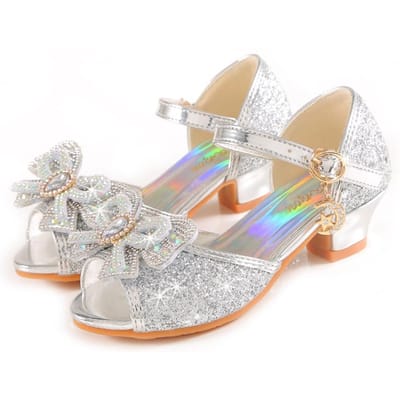 Zomer Meisjes Sandalen Met Hak Mode Strass Steentjes Glanzende Glitter Schoenen Kinderen Prinses Strik Parel Dansschoenen 36 zilver