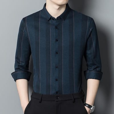 Herfst en Winter Nieuw Casual Zakelijk Gestreept Heren Basishemd Warm Shirt met Lange Mouwen Heren Casual Shirt met Lange Mouwen XXXXL black