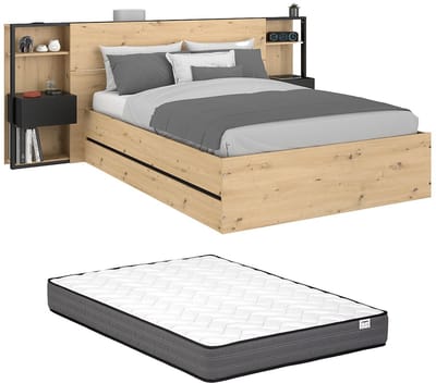 Vente-unique Bed met opbergruimte hout zwart, natuurlijk licht 160 x 200 cm