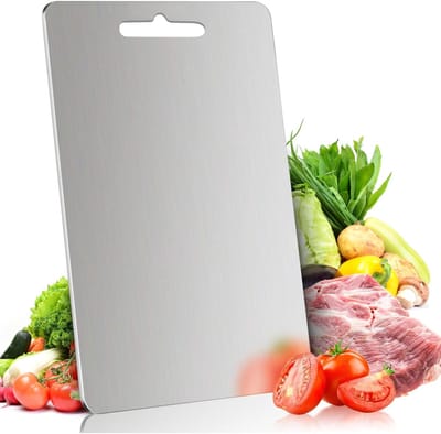Snijplank van roestvrij staal, snijplanken voor de keuken, roestvrij staal 304 voor vlees, fruit en groenten - vaatwasserbestendige snijplanken met handvat, omkeerbare charcuterieplank (13,38 x 9,05 inch)
