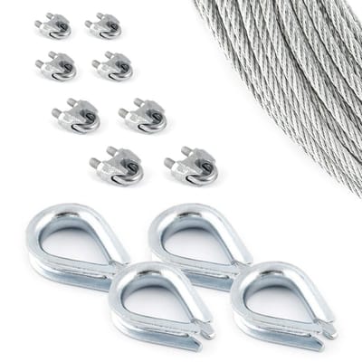 DQ-PP STAALKABEL SET 7 - 3 mm 6x7 Middelzacht - 40 meter - Gegalvaniseerd Staal - 4x Kousen 3 mm - 8x Kabelklemmen 3 mm - Staalkabel voor Klimhulp Kabel Draad Bosbouwkabel