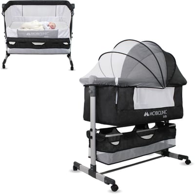 Mobiclinic Night - Co-sleeper - Baby Bed - Meegroeibed - 3 verstelbare hoogtes - Wip - Klamboe en mand - Met matras - Wielen 360º - Campingbedje - Peuterbed - Wieg