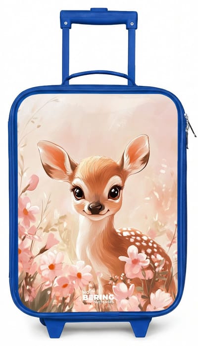 NoBoringSuitcases.com® - Kinderkoffer blauw - Kindertrolley jongen - Hertje - Ogen - Stippen - Bloemen - Koffer kind lichtgewicht - Reiskoffer trolley voor kinderen - Koffertje met lichtgevende wieltjes - Rolkoffer