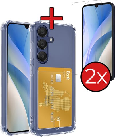 Hoesje - Geschikt voor Samsung Galaxy A15 - Met 2x Screenprotector - Pashouder - Kaarthouder - Back Cover - Telefoon Hoes Shockproof - Siliconen Case - Shock Proof - Pasjes Houder - Telefoonhoes - Transparant
