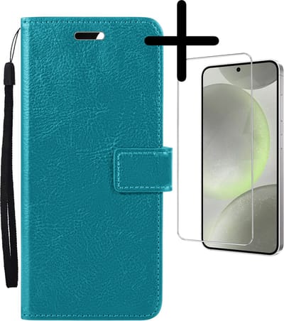 Hoesje Met Screenprotector - Geschikt voor Samsung Galaxy S24 - Luxe Pasjeshouder - Bookcase Portemonee - Flip Case - Kunstleer Book Case - Flipcase - Book Cover - Walletcase - Portemonneehoes - Turquoise