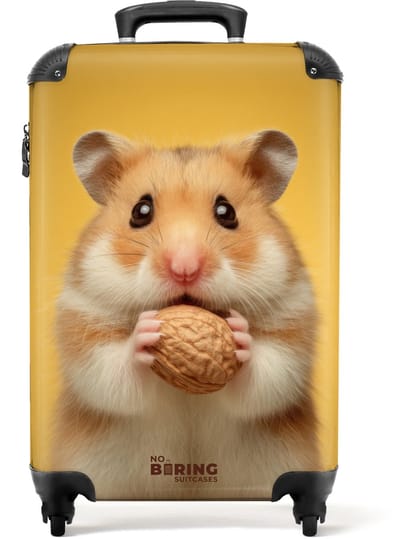 NoBoringSuitcases.com - Koffer - Hamster met een nootje op een gele achtergrond - Past binnen 55x40x20 cm en 55x35x25 cm - Trolley handbagage - Valiezen met wieltjes volwassenen - Reiskoffer op wielen - Rolkoffer lichtgewicht