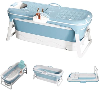 DIMICO - Opvouwbaar Bad - Badkuip - Ligbad Draagbaar - Massagebad - Blauw - met Afvoer, Voetmassage & Zeepmand - voor Volwassenen