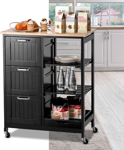 Keukeneiland - Verplaatsbaar - Keukenkast - Dressoir - Organizer - Kasten - Houten Werkblad - Zwart