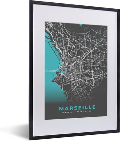 Fotolijst incl. Poster - Marseille - Frankrijk - Plattegrond - Stadskaart - Kaart - 30x40 cm - Posterlijst