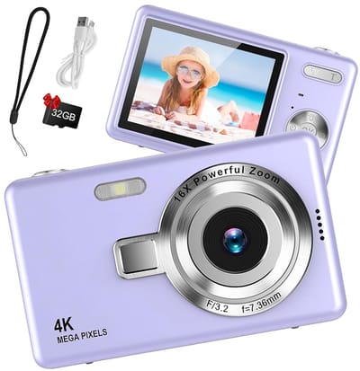 Digitale Camera 44MP - 1080P FHD Video - 2.4 Inch LCD Scherm - 16X Digitale Zoom - Compacte en Draagbare Vlogcamera - Anti Shake Functie - Inclusief 32GB SD Kaart - Paars