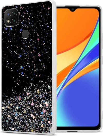 Cadorabo Hoesje geschikt voor Xiaomi RedMi 9C / RedMi 10A in Zwart met Glitter - Beschermhoes van flexibel TPU silicone met fonkelende glitters Case Cover Etui