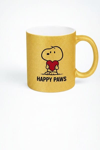 Gouden Glitter Happy Paws Mok met Lief Hondje - Uniek Cadeau Dierenvriend
