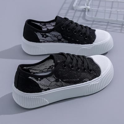 Chaussures d'été à lacets de style coréen pour femmes, chaussures blanches respirantes, tendance, décontractées, en maille, plates 36 noir
