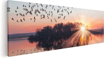 Artaza Canvas Schilderij Vogels - 60x20 cm - Wanddecoratie Zonsondergang - Muurdecoratie Natuur - Schilderijen Op Canvas