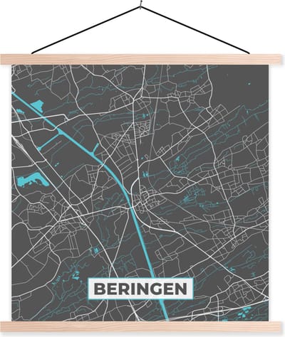 Posterhanger incl. Poster 40x40 cm - Schoolplaat - België – Beringen – Stadskaart – Kaart – Blauw – Plattegrond - Textielposter - Blanke latten - Stadskaart