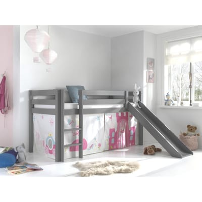 LUCEVI - Pino Halfhoogslaper + Ladder + Glijbaan + Princess Gordijntjes - Grijs - 90x200 cm