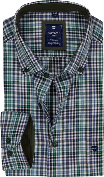 Redmond comfort fit overhemd - twill - groen - blauw en wit geruit - Strijkvriendelijk - Boordmaat: 39 - 40