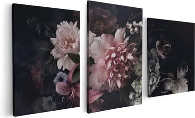 Artaza Canvas Schilderij Drieluik Diverse Bloemen Op Zwart Achtergrond - 120x60 cm - Wanddecoratie Woonkamer - Schilderijen - Muurdecoratie