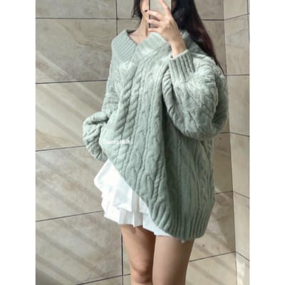 Pofmouw V-hals Trui Dames Herfst en Winter Verdikt Los Zacht Waxeus Twist Breisel Top 2XL gray