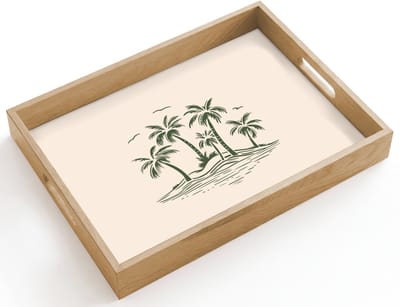 Dienblad hout 40x30 cm - Schootdienblad - Palmbomen - Strand - Beige - Groen - Tropisch - Borrelplank rechthoek - Plateau dienbladen