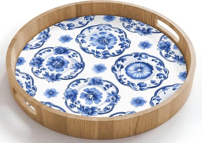 Dienblad rond 40x40 cm - Schootdienblad hout - Sierborden - Bloemen - Blauw - Borrelplank rechthoek - Plateau houten dienbladen