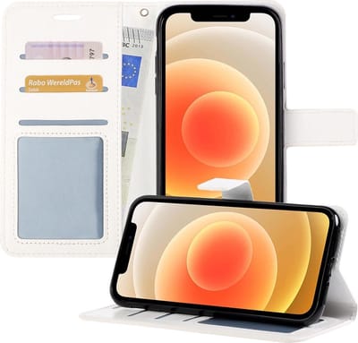 Hoesje - Met Pasjeshouder - Geschikt voor Apple iPhone 12 - Luxe Bookcase Portemonee - Flip Case - Kunstleer Book Case - Flipcase - Book Cover - Walletcase - Portemonneehoes - Telefoonhoesjes - Wit