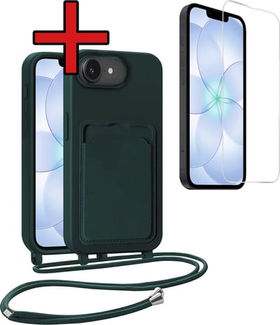 Hoesje Geschikt voor iPhone 17e Hoesje Siliconen Case Met Koord Met Screenprotector - Hoes Geschikt voor iPhone 17e Hoesje Backcover Met Telefoonkoord - Donkergroen
