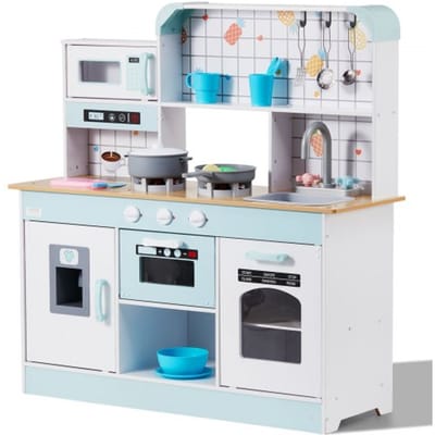 VEVOR Speelkeuken voor kinderen, houten speelgoedkeukenset met licht en geluid, peuterkeuken met ijsmachine, oven, gootsteen, magnetron, koelkast en keukengerei en fruitaccessoires voor peuters van 3 tot 8 jaar, wit