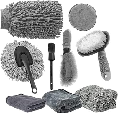 Auto reinigingsset - Detailing gereedschap - Voertuig onderhoud - 9 delige kit - Diverse borstels - Grijs