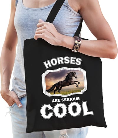 Dieren zwart paard katoenen tasje volw + kind zwart - horses are cool boodschappentas/ gymtas / sporttas - cadeau paarden fan