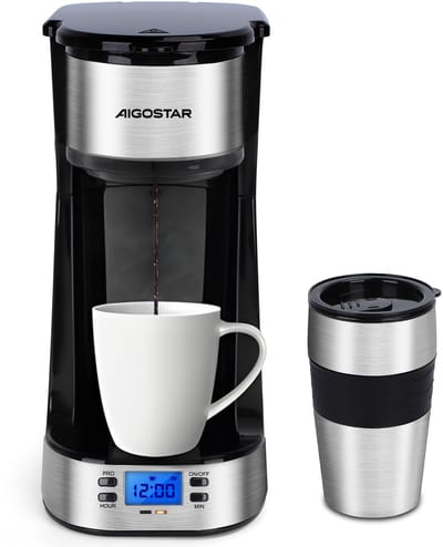 Aigostar 302FX - Koffiezetapparaat - Filterkoffie - 0.42 l - thermosbeker - Timer schakelaar - Ideal voor camping - 750W - RVS/Zwart