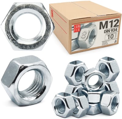 LUN FIX - Zeskantmoer M12 - 10 stuks - Sterkte 8 - DIN 934 - Sterkte 8 - Verzinkt staal - Moeren voor schroeven